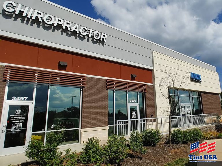 commercial building with different window films installed