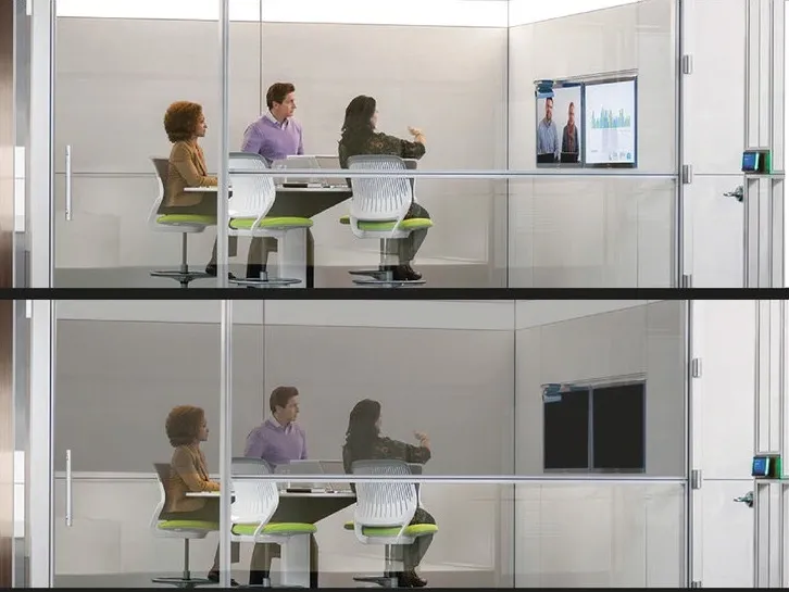 before and after shots of conference room with cloaking film concealing tv screen